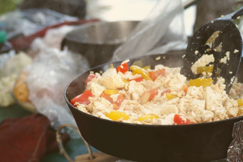 Campfire Cooking. Dutch Oven Bread with Bacon Wrapped Halloumi Cheese. Cast  Iron Cooking. 